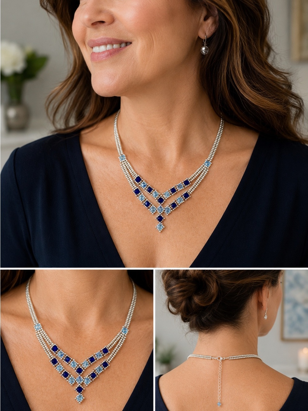 Hand Crafted Silver-Tone Blue Gem Multi-Strand V Necklace